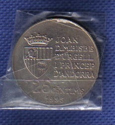 安道尔公国1995年25分 FAO联合国粮农组织五十周年纪念币 实物图 UNC