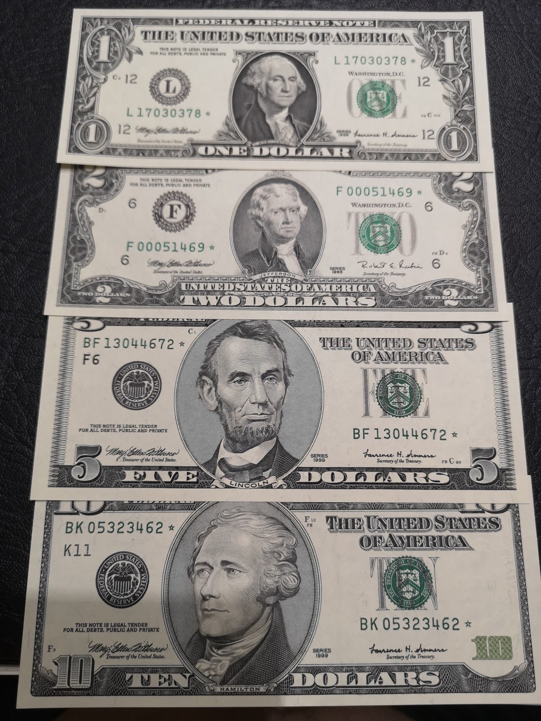 《外钞收藏家》第一百九十二期 1999年美国1、2、5、10美元四张一起 全新UNC 补号