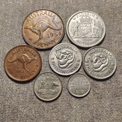 0起1加-纯粹捡漏拍-103场包邮 - 澳大利亚1956-1963年伊丽莎白二世早期7枚-含5枚银币