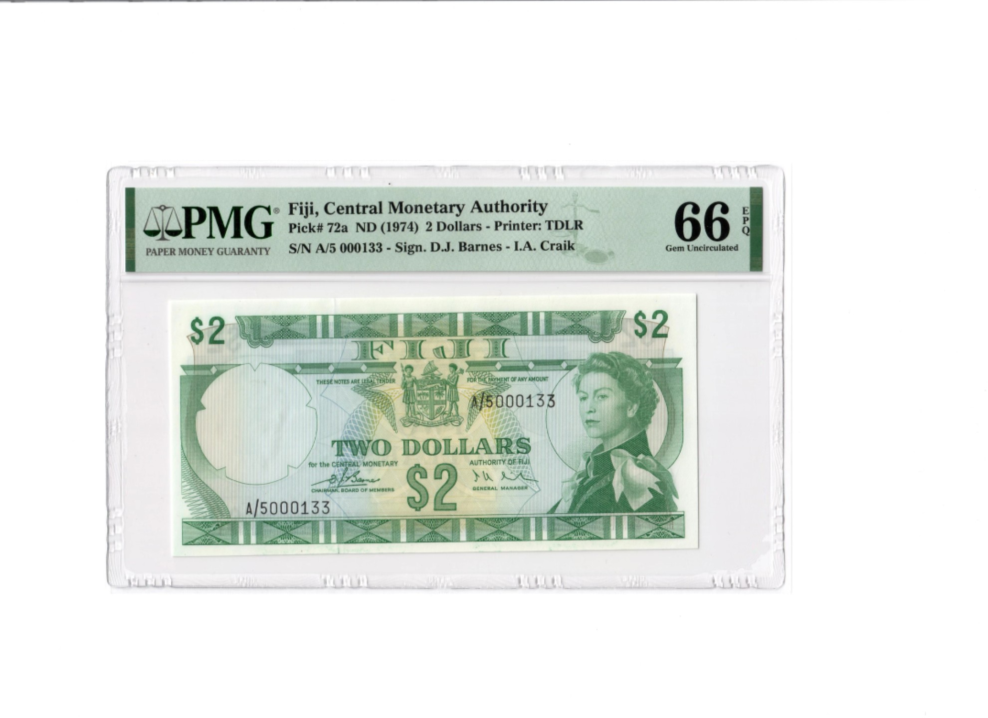 收藏联盟Quantum Auction 第180期拍卖 今晚七点开拍 斐济1974年2元 PMG66 初版百位号 戎装女王