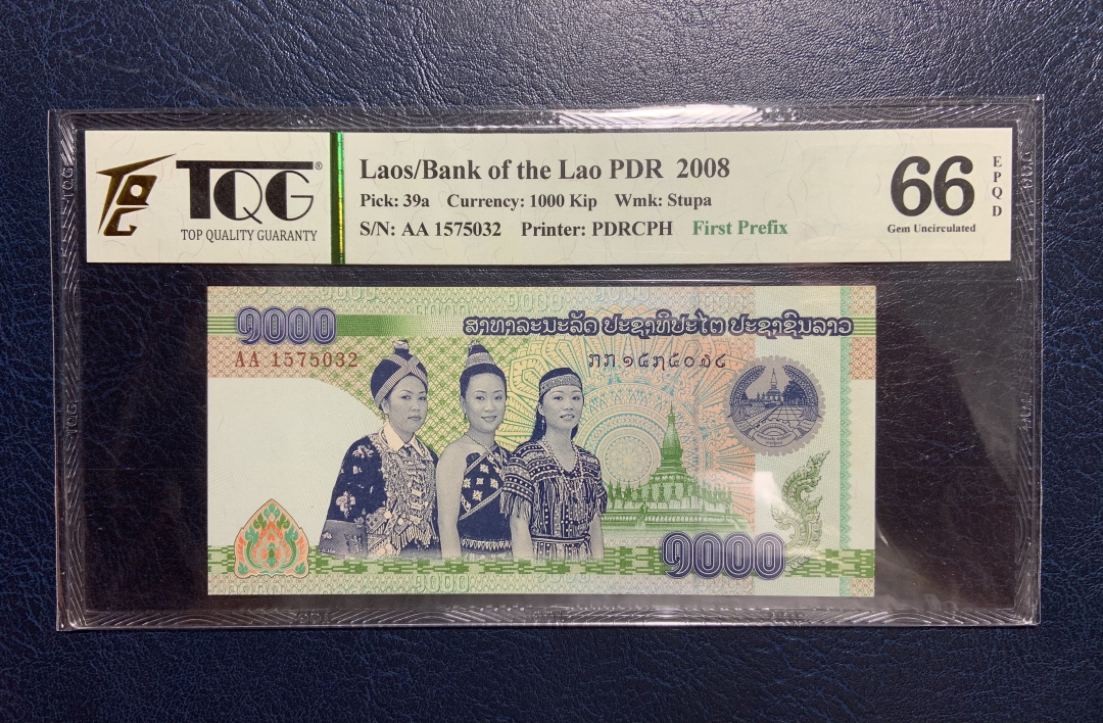 收藏联盟Quantum Auction 第180期拍卖 今晚七点开拍 老挝2008年1000基普 TQG66 首发AA冠 侵权回收版