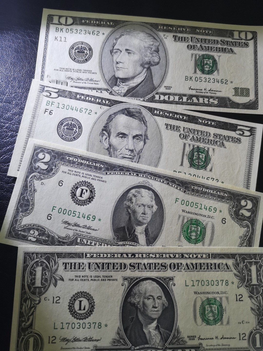 《外钞收藏家》第一百九十二期 1999年美国1、2、5、10美元四张一起 全新UNC 补号