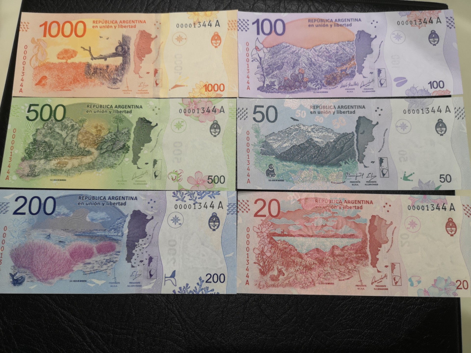 《外钞收藏家》第一百九十二期 阿根廷最新版一套六张 全新UNC 与下面两套为全同号 千位号