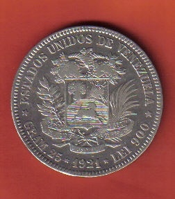 委内瑞拉1921年5玻利瓦尔 大银币 美洲硬币 实物图 AUNC