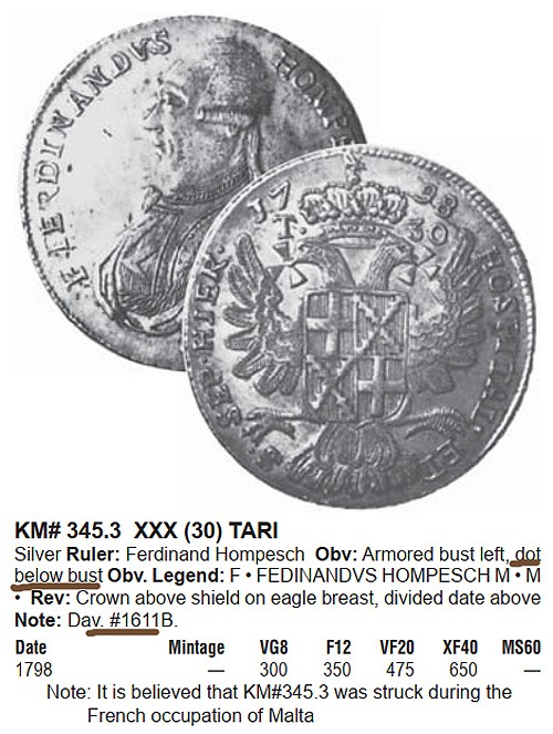 1798马耳他骑士团(医院骑士团)30T大银币,达文波特编号DAV-1611B,存世稀少,末任大团长霍姆佩斯