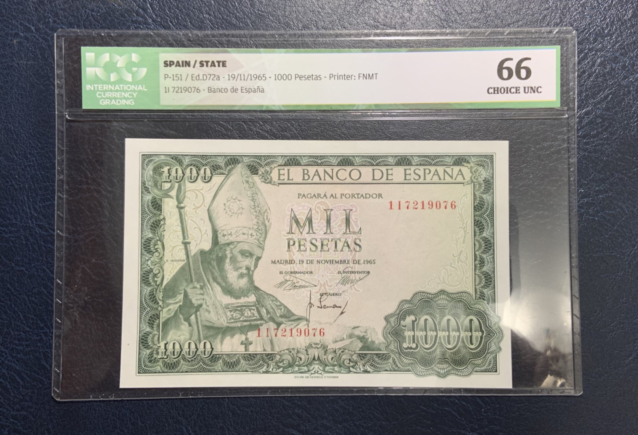 收藏联盟Quantum Auction 第180期拍卖 今晚七点开拍 西班牙1965年1000比塞塔 ICG66 全新UNC 大主教伊斯多罗