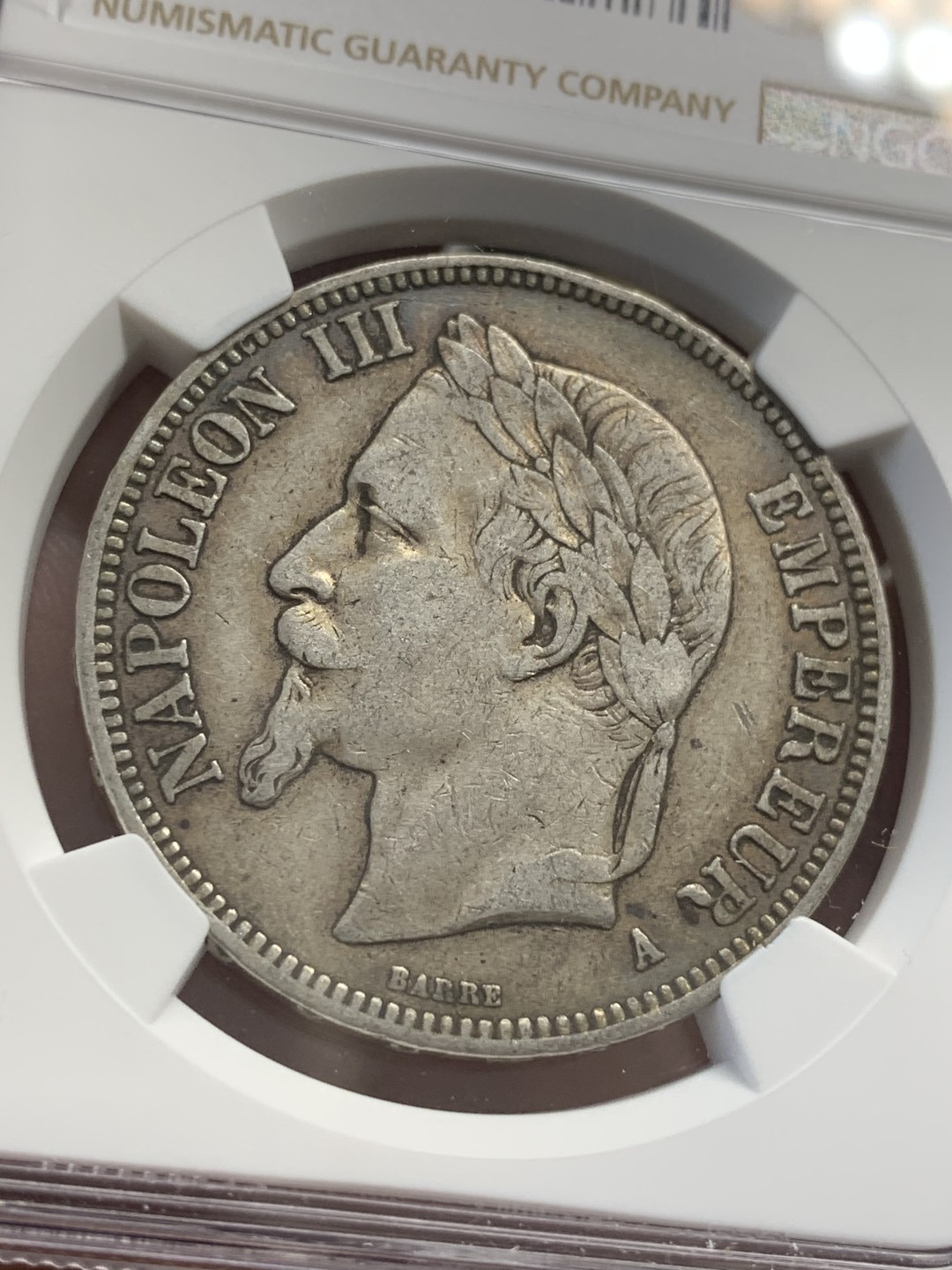 《竞宝斋》第80场-本周日，周一 2场连拍（全场不限金额包邮） NGC-XF45 法国1869-A年 拿破仑三世 5法郎大银币 原味老包浆 非常舒服