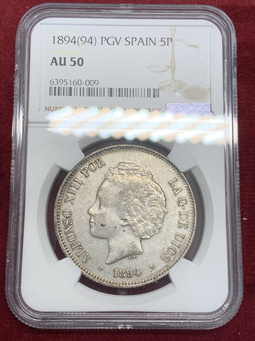 《竞宝斋》第80场-本周日，周一 2场连拍（全场不限金额包邮） NGC-AU50 西班牙1894年 阿方索十三世 爆炸头5比塞塔双柱 大银币 带光好品 这品相非常适合初级玩家