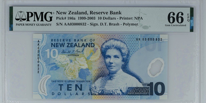 收藏联盟Quantum Auction 第181期拍卖 新西兰2003年首发冠号同号钞一套 PMG66 AA冠且分数一致