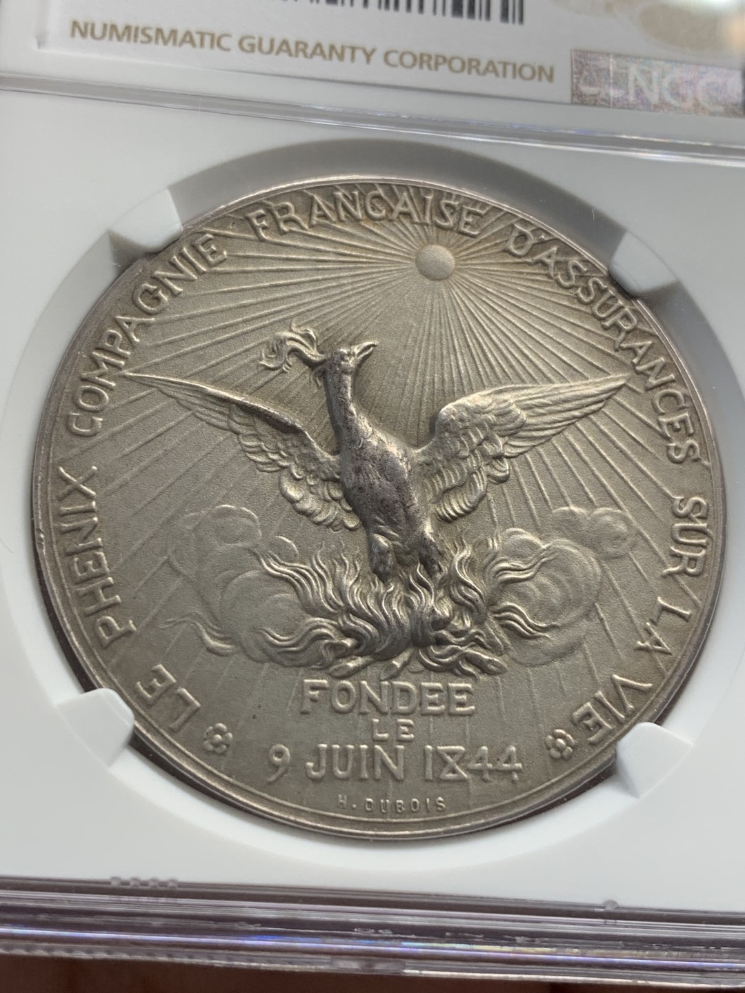 《竞宝斋》第80场-本周日，周一 2场连拍（全场不限金额包邮） NGC MS63 法国大银章 大师杜波瓦名作 凤凰保险 1844年成立 丰饶角argent银标 铸造日期1880年左右 1949年后刻字 太阳光芒四射 雕刻细节极佳