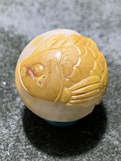 精美冰飘亚光战国红玛瑙巧雕龙鱼荷叶圆珠一个，寓意，莲年有鱼， - 精美冰飘亚光战国红玛瑙巧雕龙鱼荷叶圆珠一个，寓意，莲年有鱼，