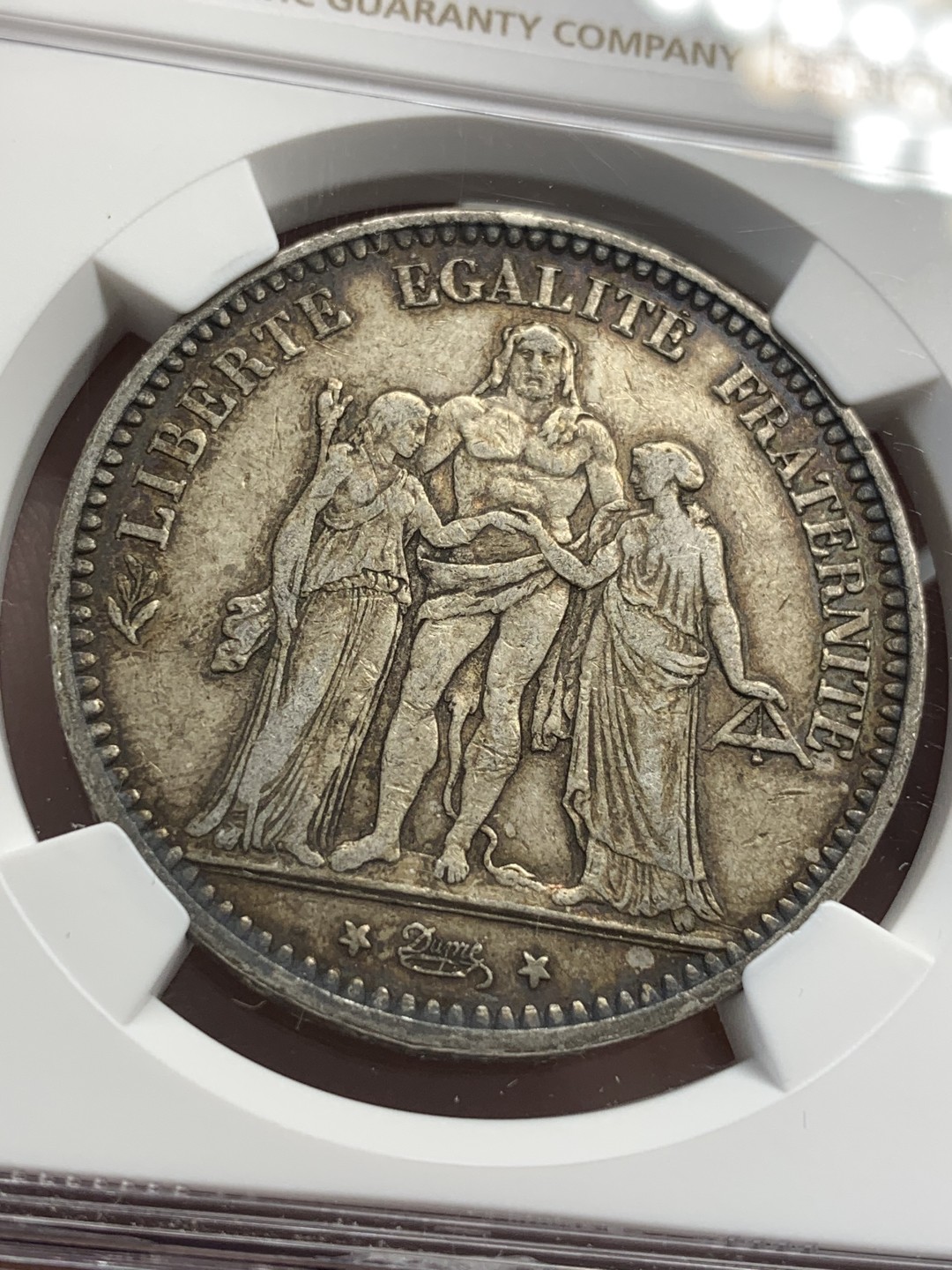 《竞宝斋》第80场-本周日，周一 2场连拍（全场不限金额包邮） NGC-XF45 法国 1873A年 大力神5法郎 大银币 老彩包浆很漂亮