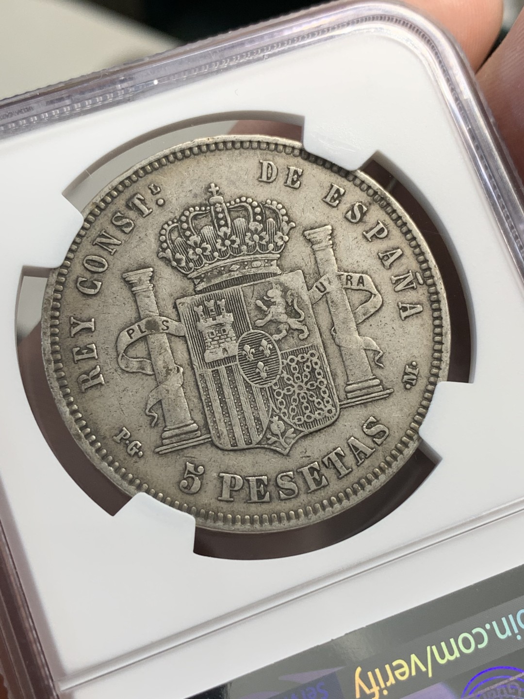 《竞宝斋》第80场-本周日，周一 2场连拍（全场不限金额包邮） NGC-XF45 西班牙1891年 阿方索十三世 5比塞塔双柱大银币 老包浆