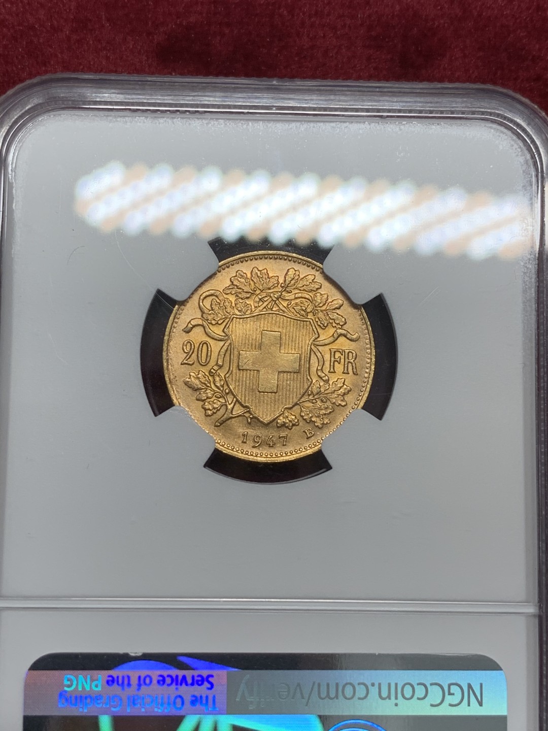 《竞宝斋》第80场-本周日，周一 2场连拍（全场不限金额包邮） NGC MS66 瑞士1947年20法郎雪山少女赫尔维蒂金币 超高分绝佳好品