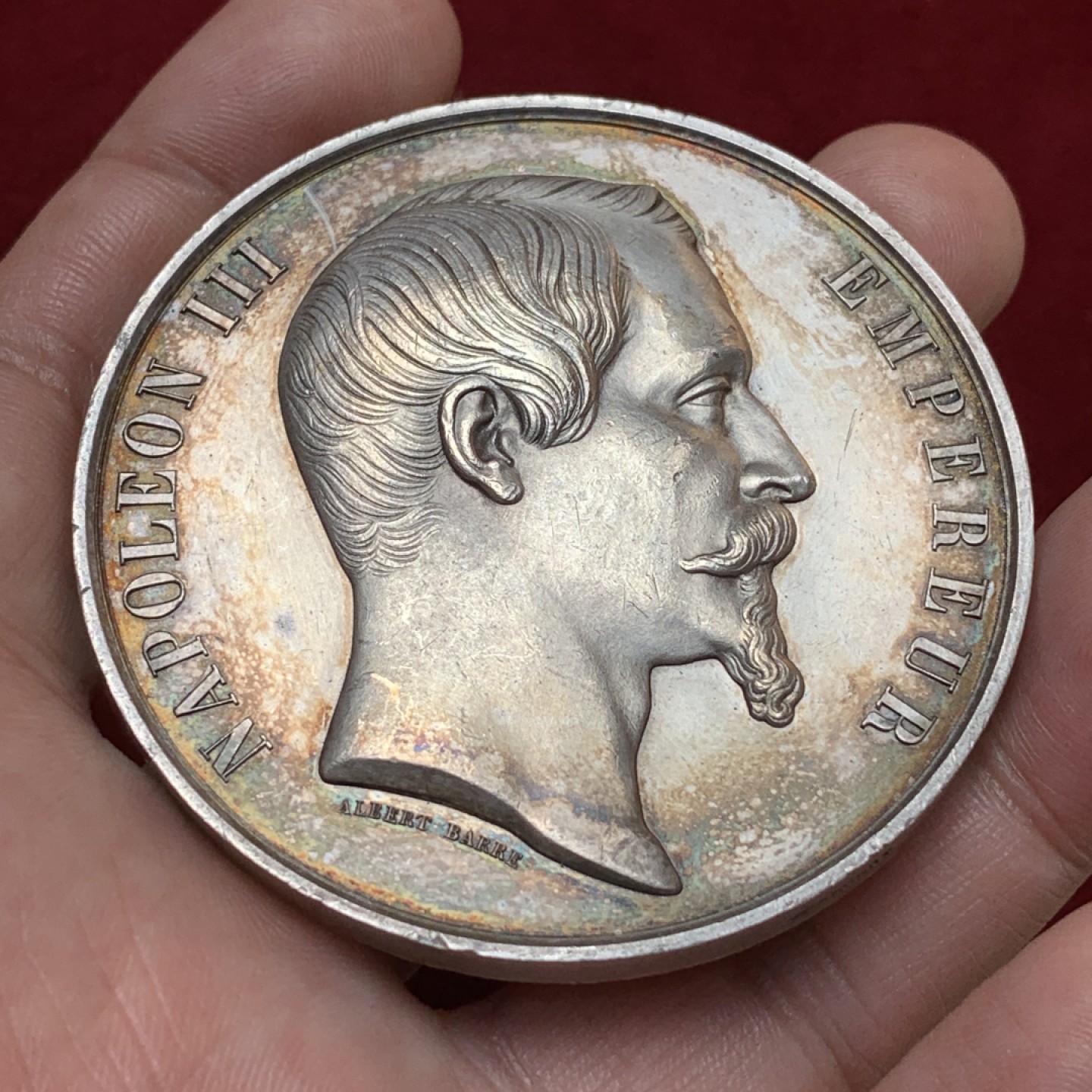 《竞宝斋》第80场-本周日，周一 2场连拍（全场不限金额包邮） 法国1855年原盒拿破仑三世巴黎博览会大银章 原盒零件完好 非常难得