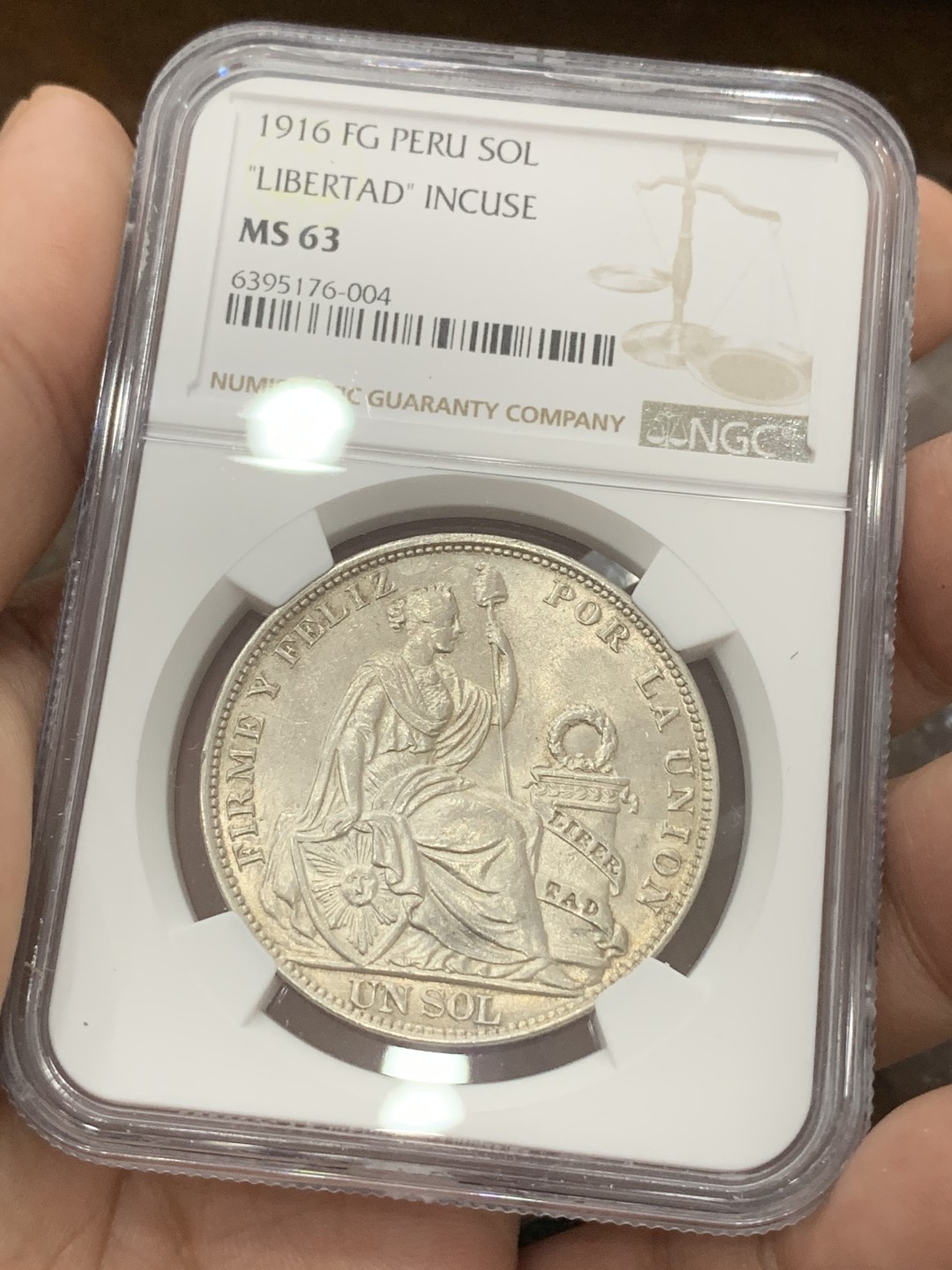 《竞宝斋》第80场-本周日，周一 2场连拍（全场不限金额包邮） NGC-MS63 秘鲁1916年 自由女神坐人 1索尔大银币 南美大热品种 高分少见