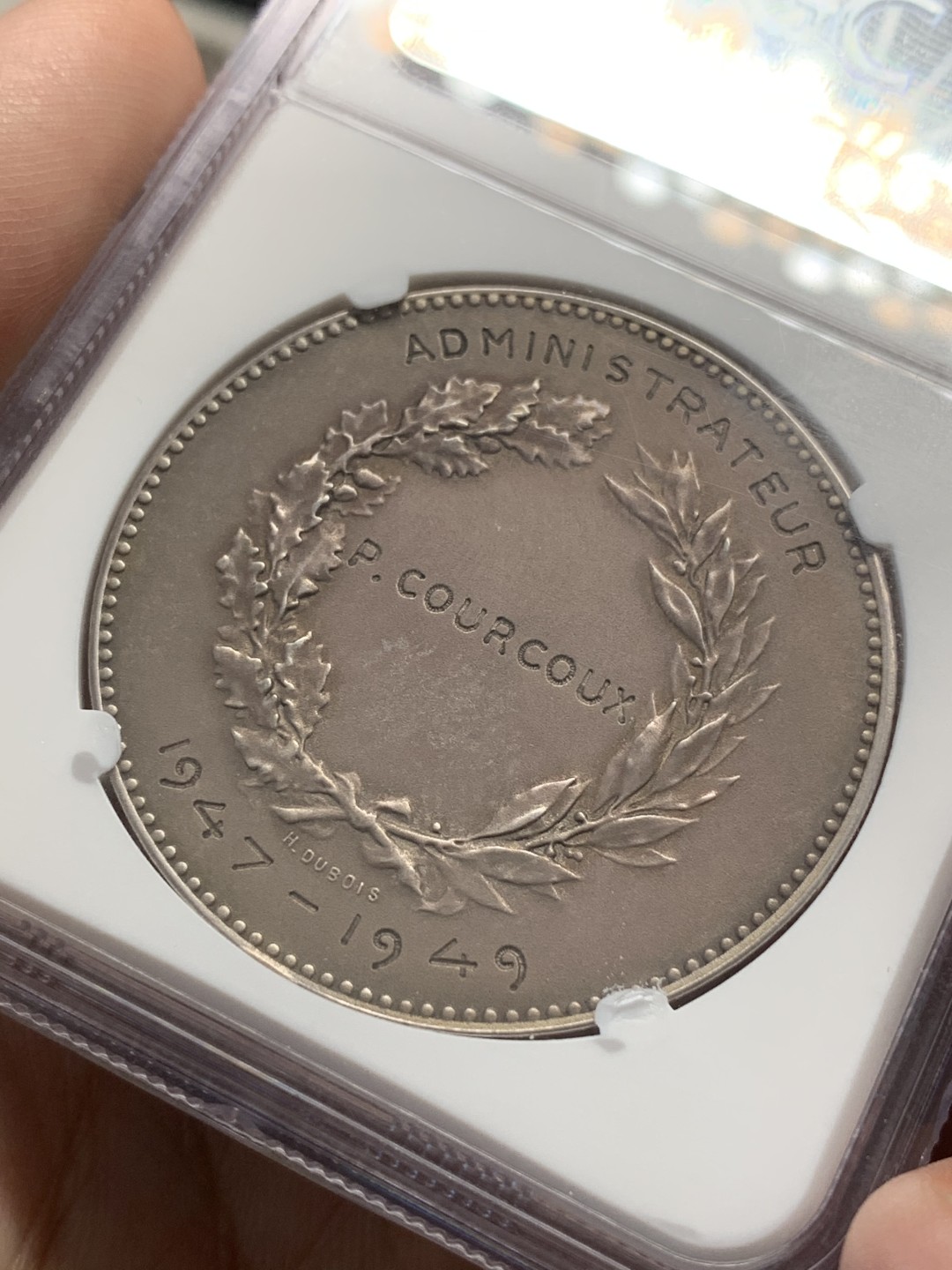 《竞宝斋》第80场-本周日，周一 2场连拍（全场不限金额包邮） NGC MS63 法国大银章 大师杜波瓦名作 凤凰保险 1844年成立 丰饶角argent银标 铸造日期1880年左右 1949年后刻字 太阳光芒四射 雕刻细节极佳