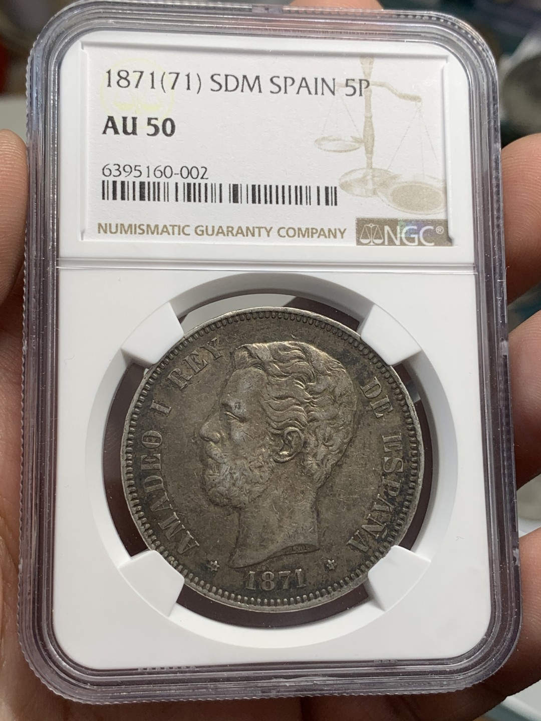 《竞宝斋》第80场-本周日，周一 2场连拍（全场不限金额包邮） NGC-AU50 西班牙1871年 阿玛德欧一世 5比塞塔双柱大银币 传世老包浆 性价比很高