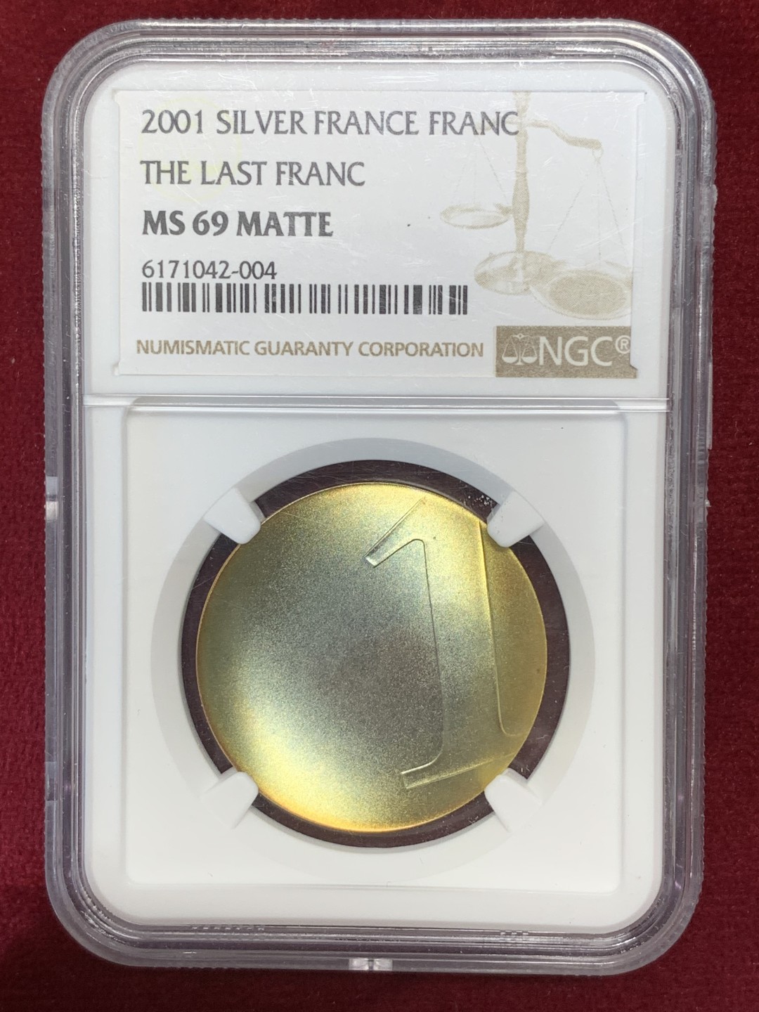 《竞宝斋》第80场-本周日，周一 2场连拍（全场不限金额包邮） NGC-69 MATTE 法国2001年最后的法郎 五彩加厚盒子