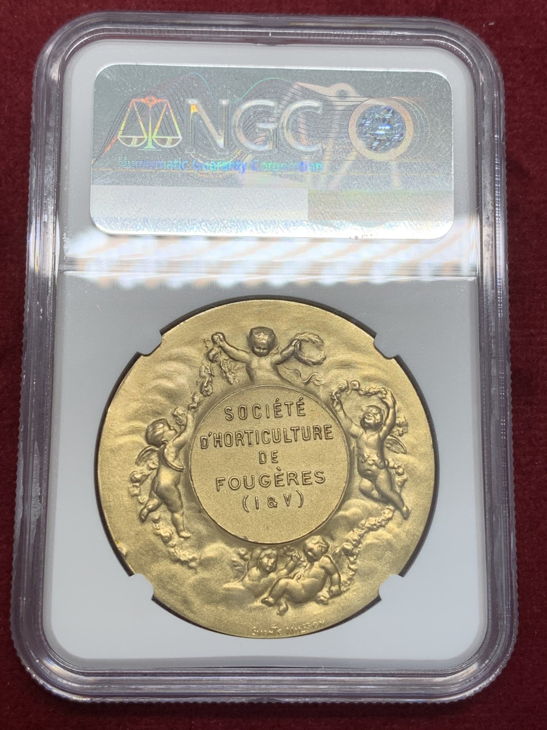 《竞宝斋》第80场-本周日，周一 2场连拍（全场不限金额包邮） NGC MS64 法国镀金银章 尼尔森园艺协会银章 丰饶角argent银标 实际铸造日期1880年左右 园丁在玫瑰花田劳作 小天使非常可爱