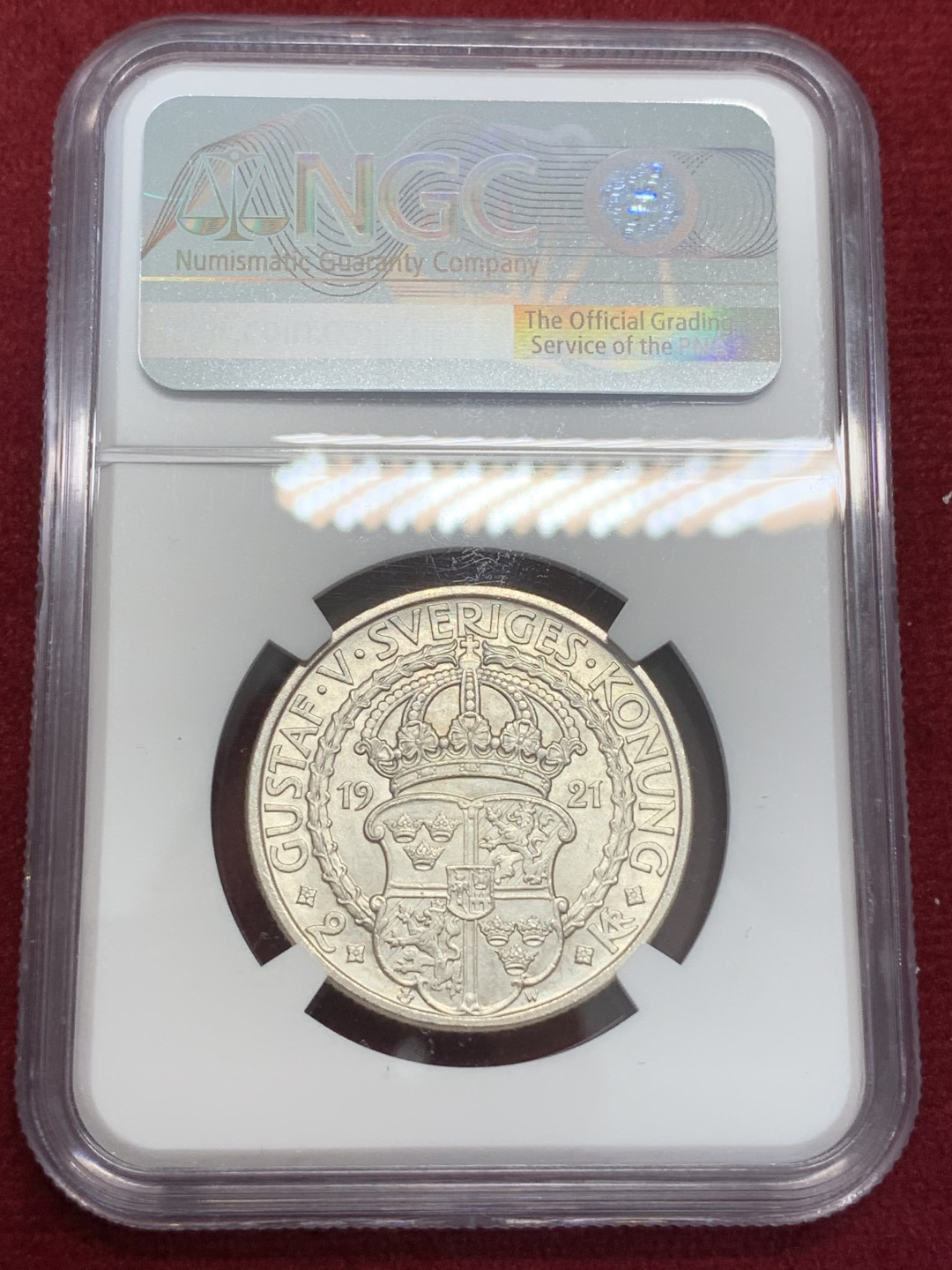 《竞宝斋》第80场-本周日，周一 2场连拍（全场不限金额包邮） NGC-MS62 瑞典 1921年 四百周年纪念 2克朗银币 少见品种 品相不错适合收藏