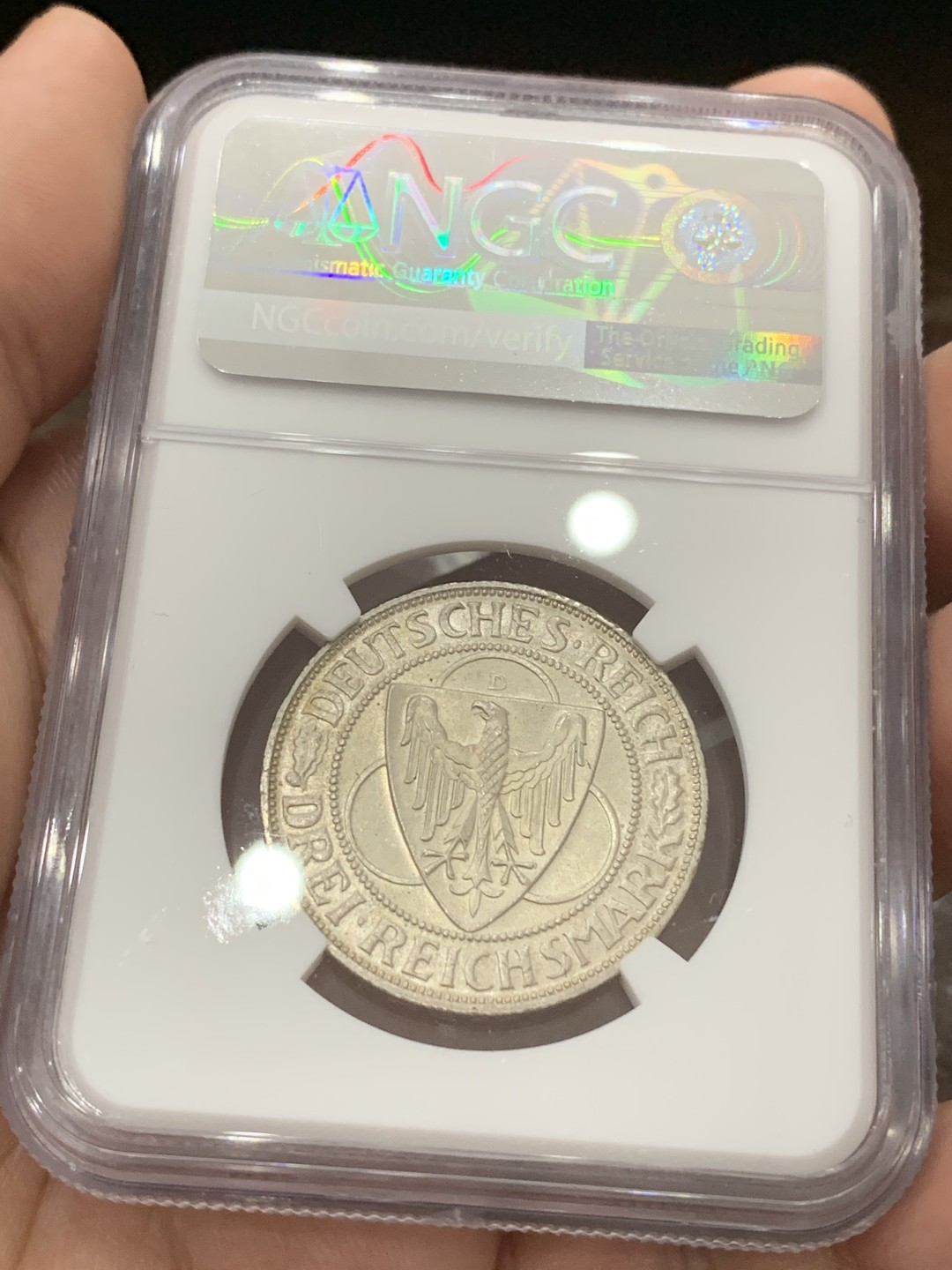 《竞宝斋》第80场-本周日，周一 2场连拍（全场不限金额包邮） NGC-MS64 德国魏玛共和国 1930-D年 鹰桥 3马克银币 顶级品相 少见品种