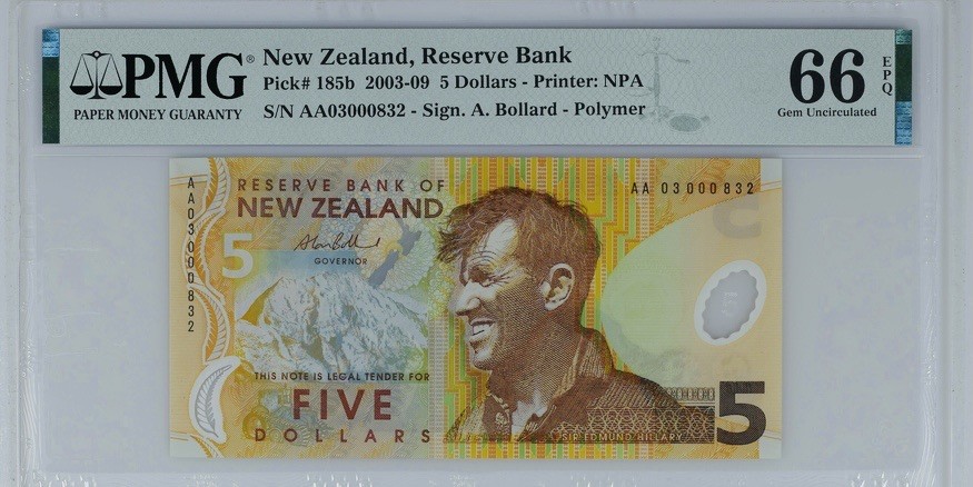 收藏联盟Quantum Auction 第181期拍卖 新西兰2003年首发冠号同号钞一套 PMG66 AA冠且分数一致
