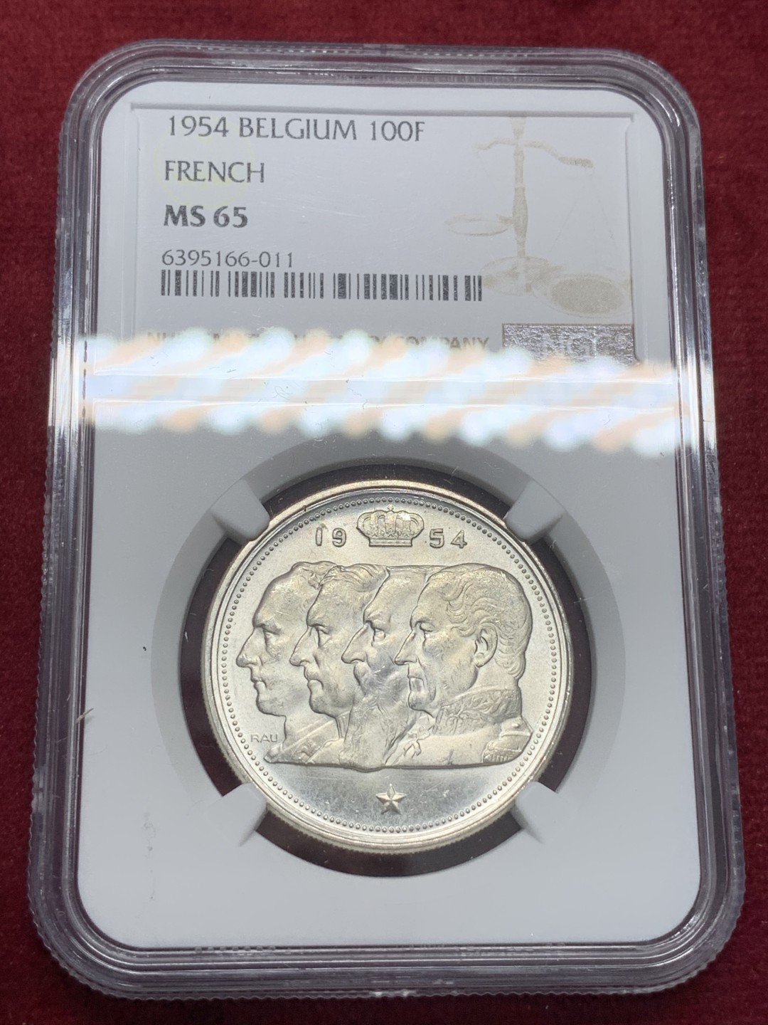 《竞宝斋》第80场-本周日，周一 2场连拍（全场不限金额包邮） NGC-MS65 比利时 1954年 四皇头像 100法郎银币 顶级罕见高分