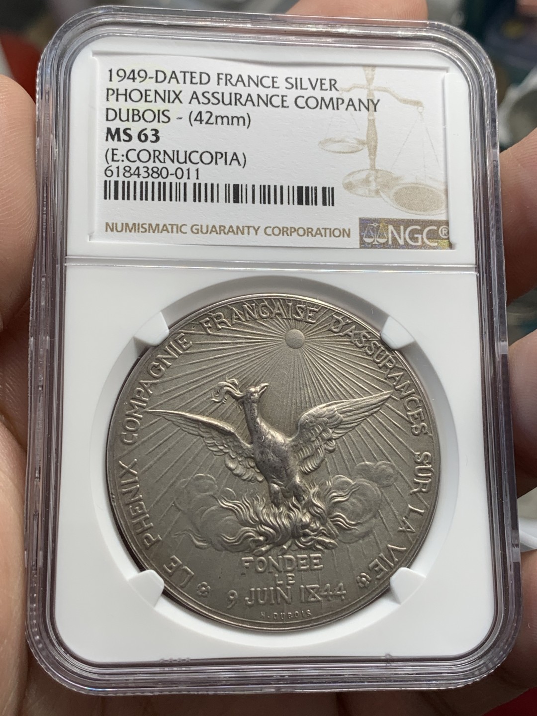 《竞宝斋》第80场-本周日，周一 2场连拍（全场不限金额包邮） NGC MS63 法国大银章 大师杜波瓦名作 凤凰保险 1844年成立 丰饶角argent银标 铸造日期1880年左右 1949年后刻字 太阳光芒四射 雕刻细节极佳