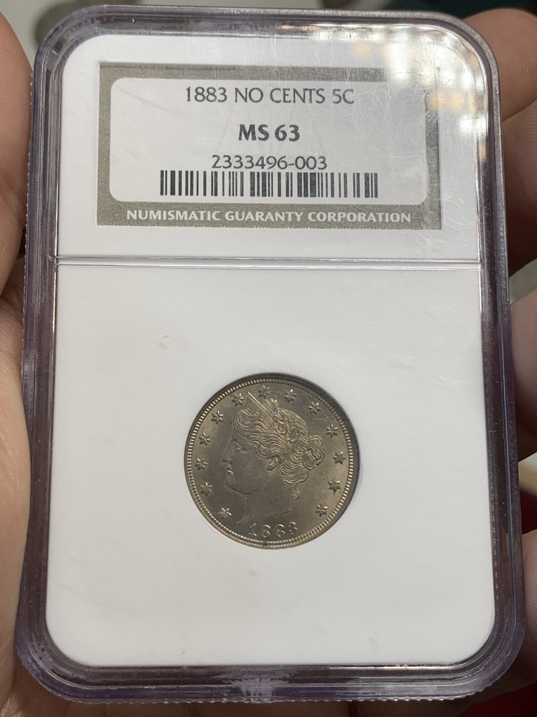 《竞宝斋》第80场-本周日，周一 2场连拍（全场不限金额包邮） NGC-MS63 美国1883 老版5分 无CENTS版本 女神头像发丝和树叶纹路清晰可见 底板略微带彩 镍币带彩不容易