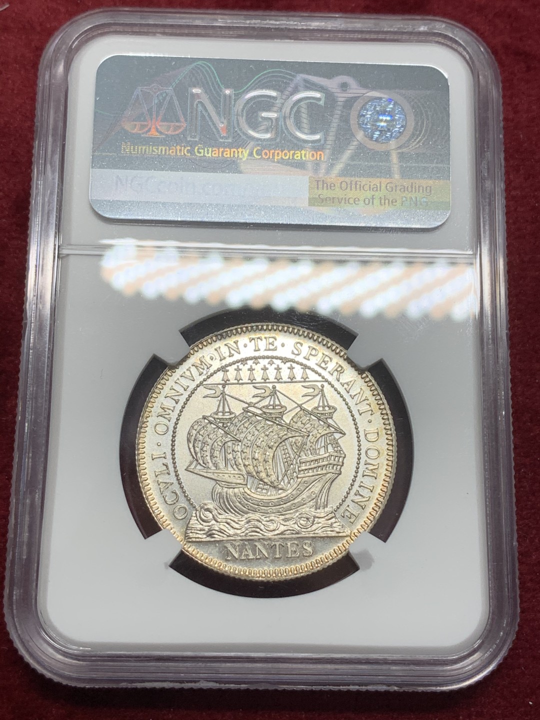 《竞宝斋》第80场-本周日，周一 2场连拍（全场不限金额包邮） NGC-MS66 法国十九世纪 南特大帆船 JETON银币 顶级品相