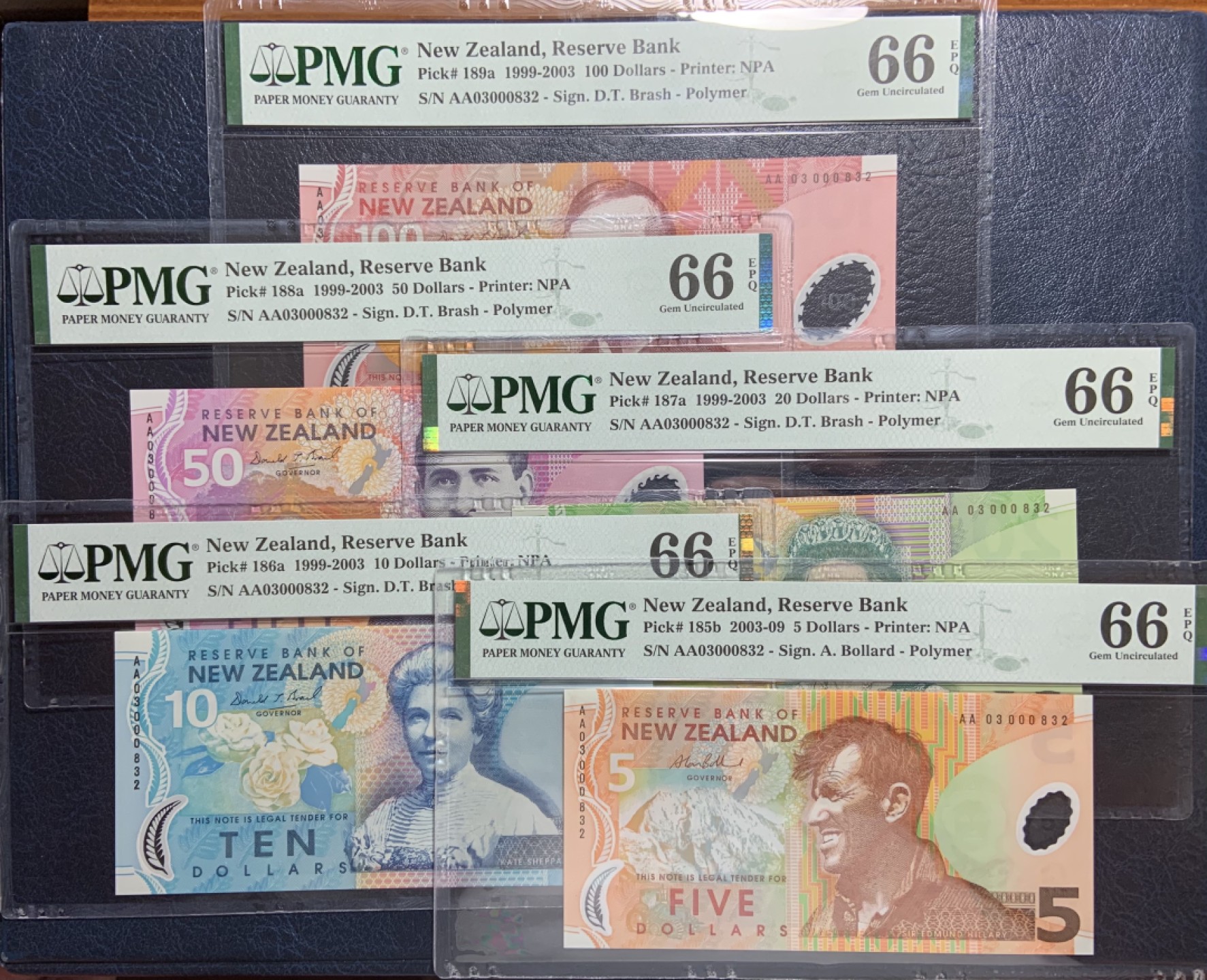 收藏联盟Quantum Auction 第181期拍卖 新西兰2003年首发冠号同号钞一套 PMG66 AA冠且分数一致