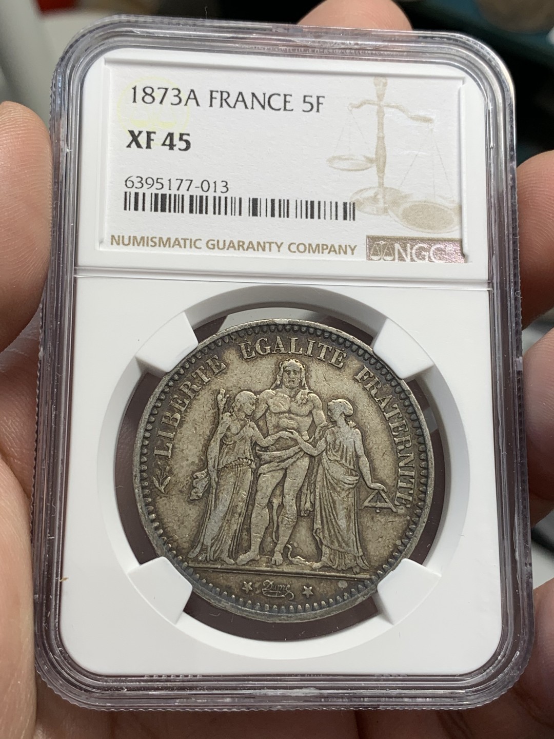 《竞宝斋》第80场-本周日，周一 2场连拍（全场不限金额包邮） NGC-XF45 法国 1873A年 大力神5法郎 大银币 老彩包浆很漂亮