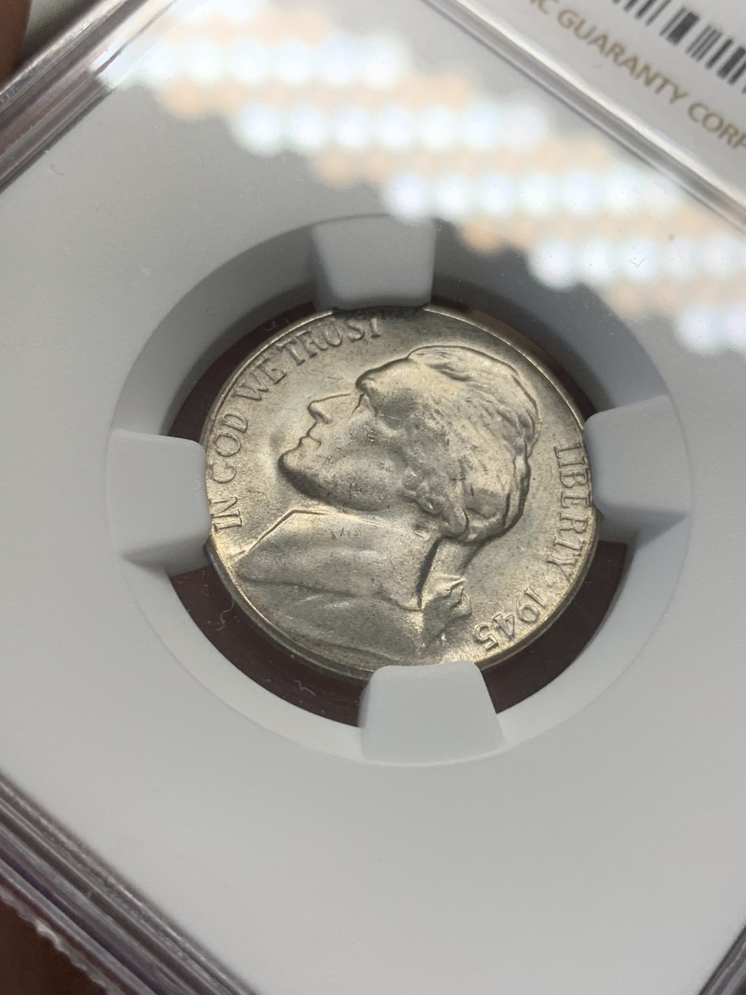 《竞宝斋》第80场-本周日，周一 2场连拍（全场不限金额包邮） NGC-MS64 美国 1945年 杰弗逊战时五美分 1942-1945这三年为战时含银版五美分