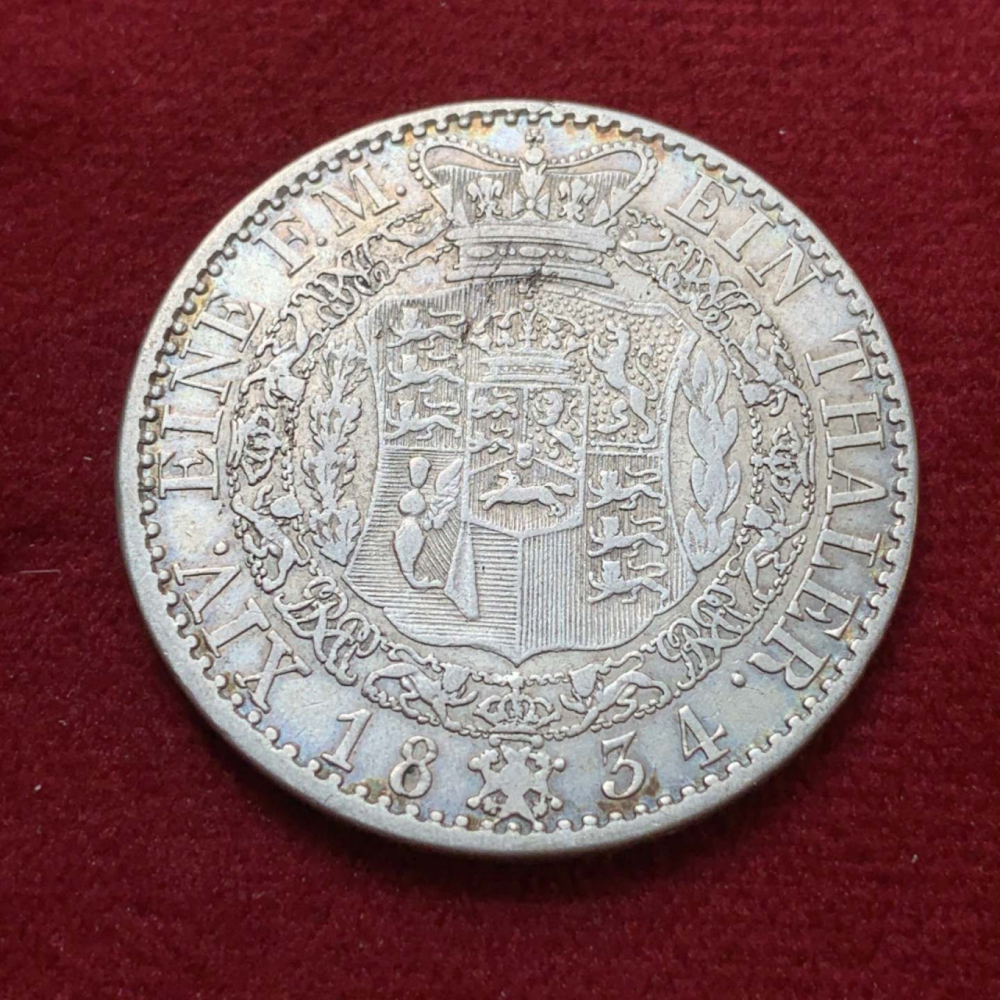 《竞宝斋》第80场-本周日，周一 2场连拍（全场不限金额包邮） 德国汉诺威  1834年 威廉四世 1泰勒 带彩 大银币