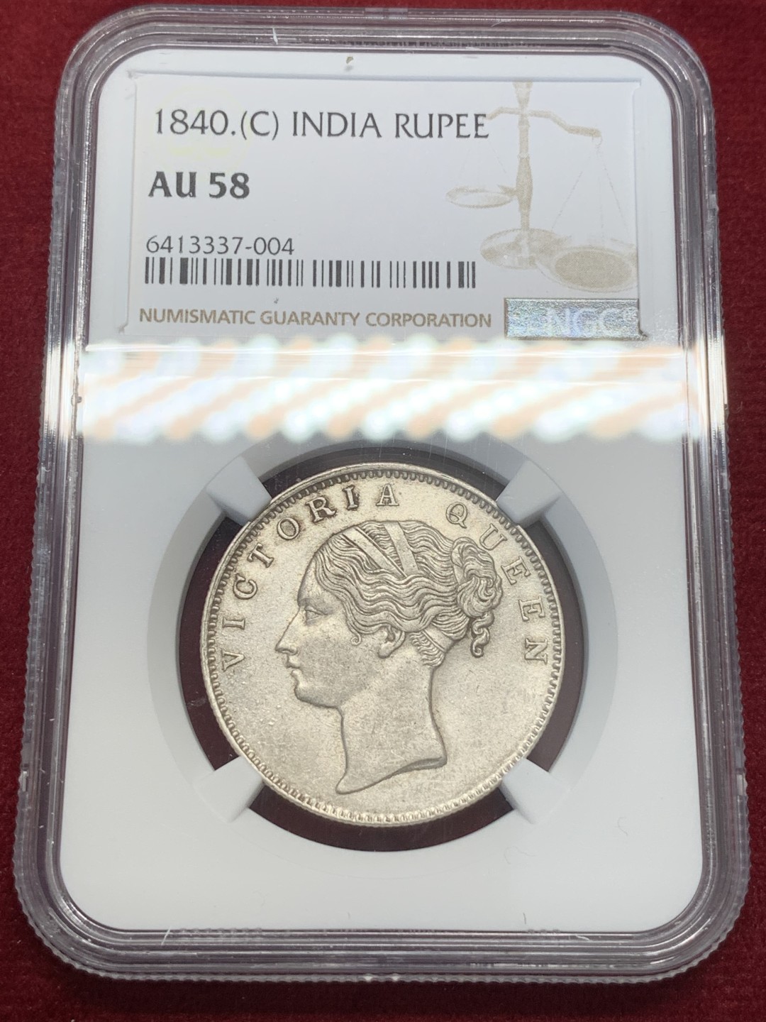 《竞宝斋》第80场-本周日，周一 2场连拍（全场不限金额包邮） NGC AU58 1840C印度维多利亚1卢比 稀少单辫版！ 最近暴涨品种