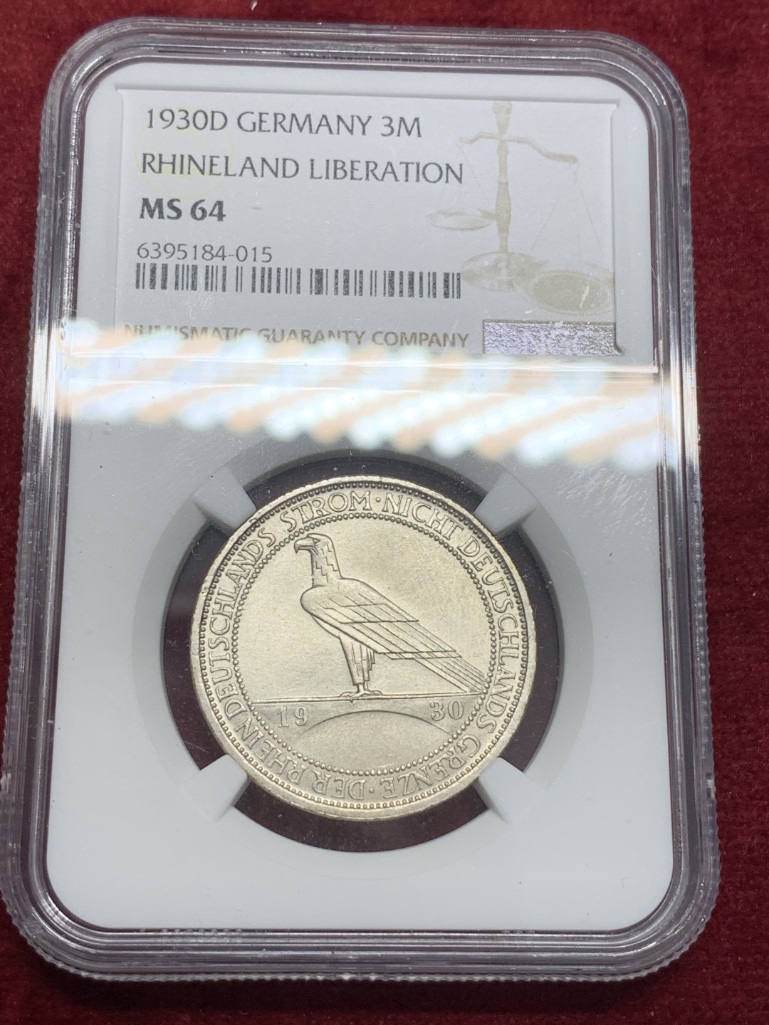 《竞宝斋》第80场-本周日，周一 2场连拍（全场不限金额包邮） NGC-MS64 德国魏玛共和国 1930-D年 鹰桥 3马克银币 顶级品相 少见品种