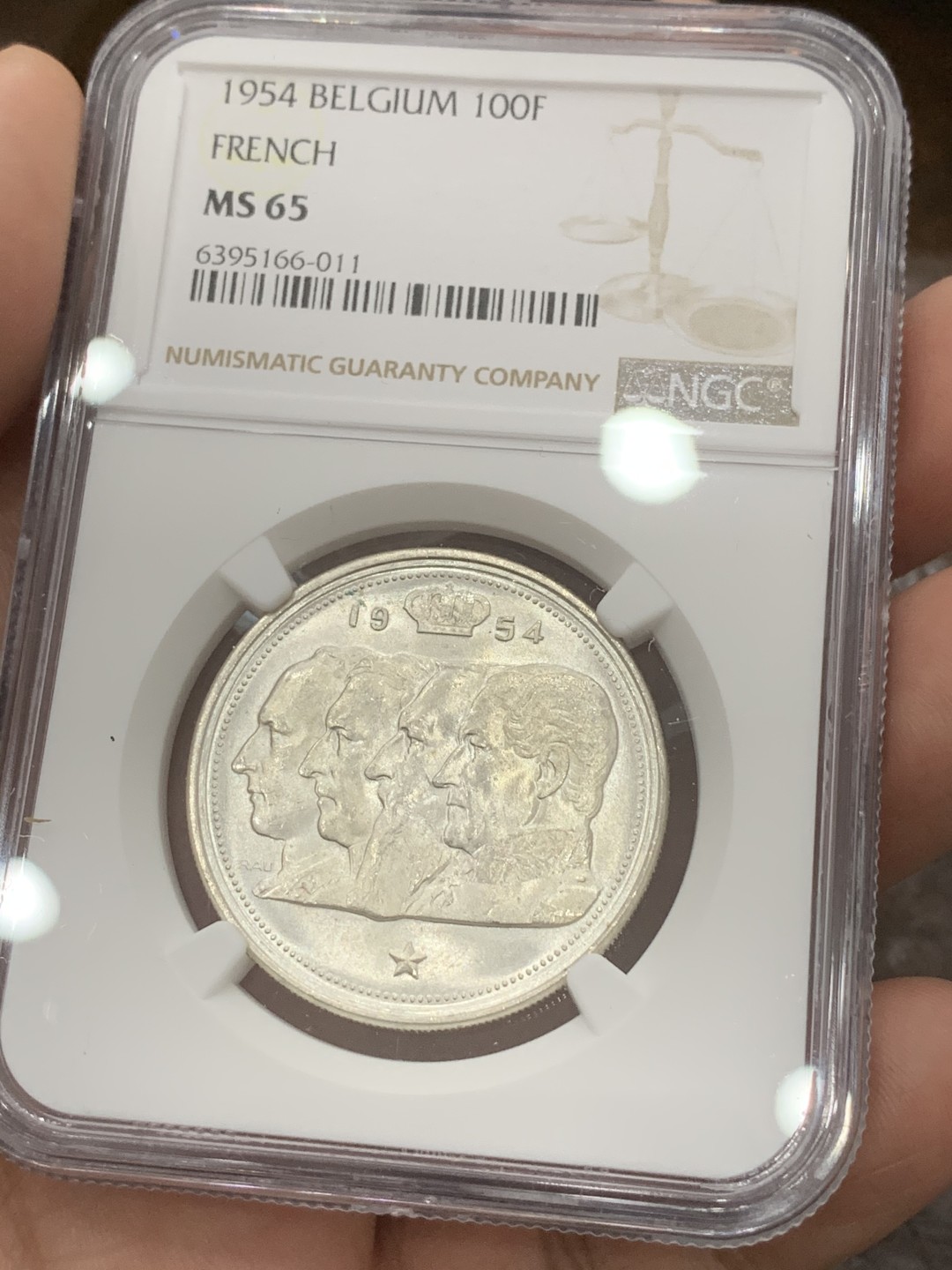 《竞宝斋》第80场-本周日，周一 2场连拍（全场不限金额包邮） NGC-MS65 比利时 1954年 四皇头像 100法郎银币 顶级罕见高分