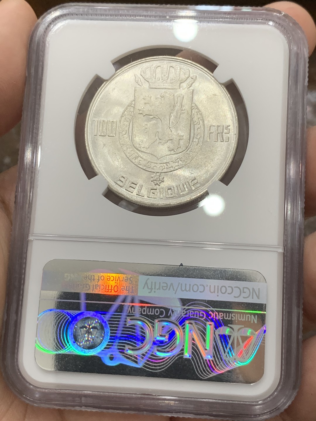 《竞宝斋》第80场-本周日，周一 2场连拍（全场不限金额包邮） NGC-MS65 比利时 1954年 四皇头像 100法郎银币 顶级罕见高分