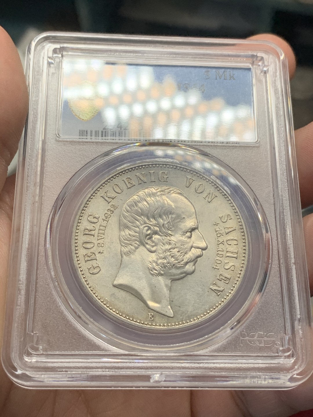 《竞宝斋》第80场-本周日，周一 2场连拍（全场不限金额包邮） PCGS-MS64 德国 萨克森阿伯丁 1904年 5马克 银币 格奥尔格逝世纪念 淡黄油彩包浆