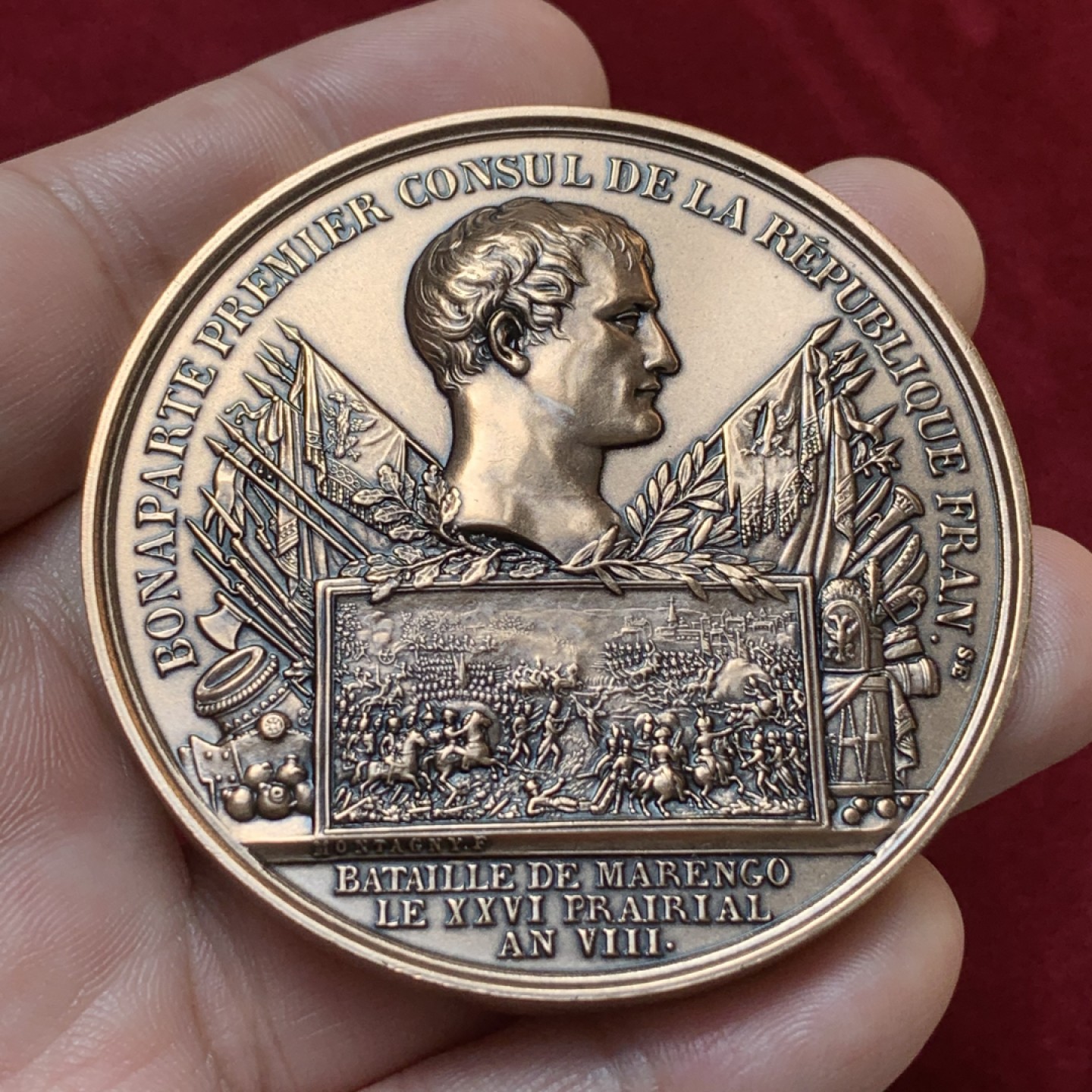 《竞宝斋》第80场-本周日，周一 2场连拍（全场不限金额包邮） 1800年 拿破仑马伦哥战役大章。直径：60mm，克重：102（丰饶角边铭应该是1880年左右铸造）
