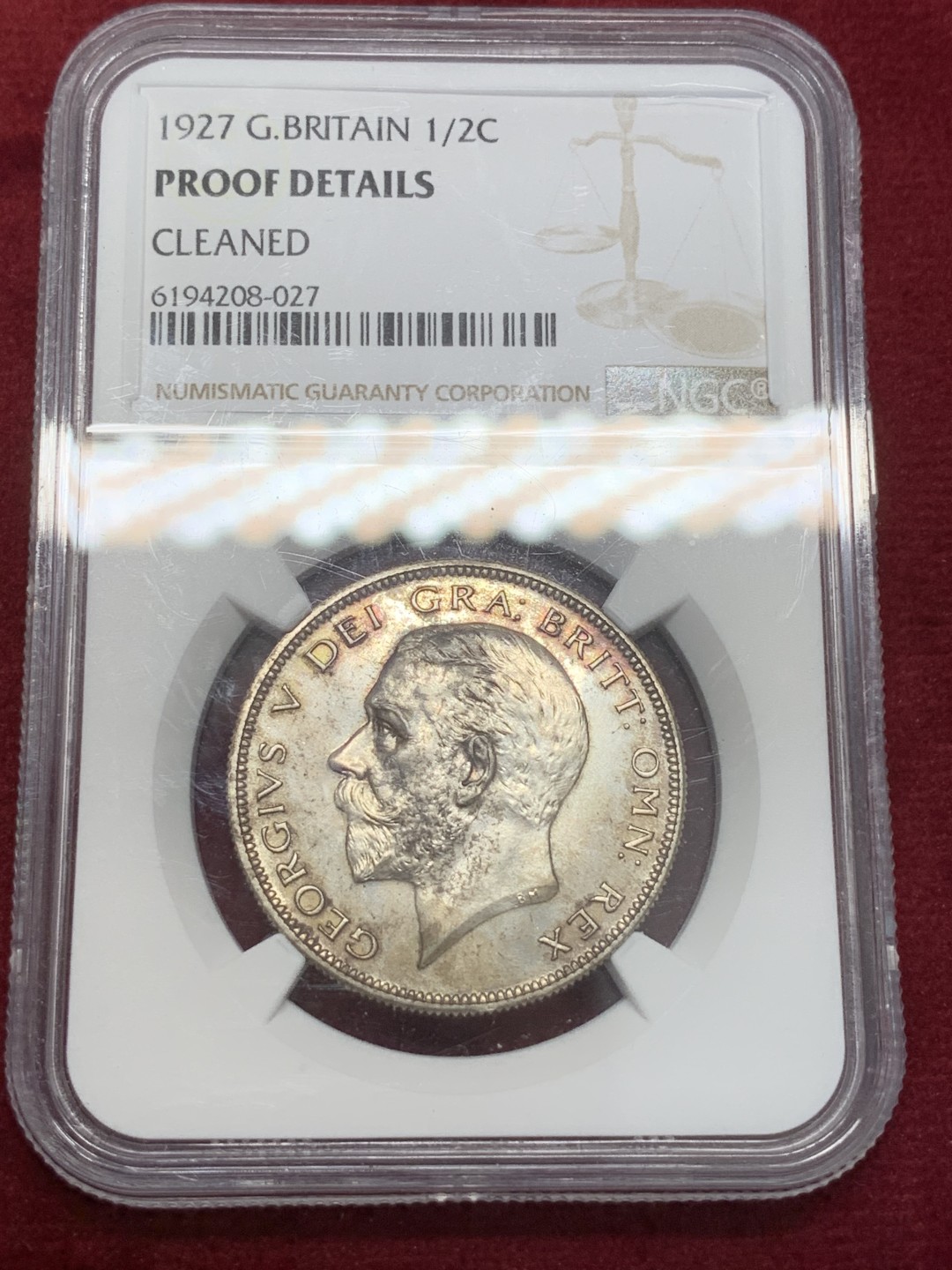 《竞宝斋》第80场-本周日，周一 2场连拍（全场不限金额包邮） NGC-PROOF  1927年英国乔五半克朗，镜面感明显