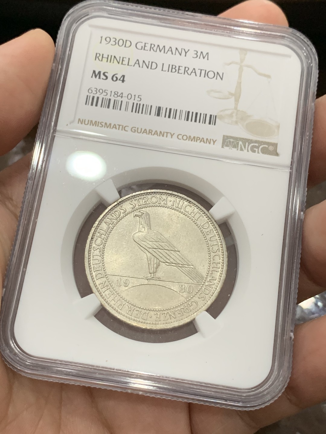 《竞宝斋》第80场-本周日，周一 2场连拍（全场不限金额包邮） NGC-MS64 德国魏玛共和国 1930-D年 鹰桥 3马克银币 顶级品相 少见品种