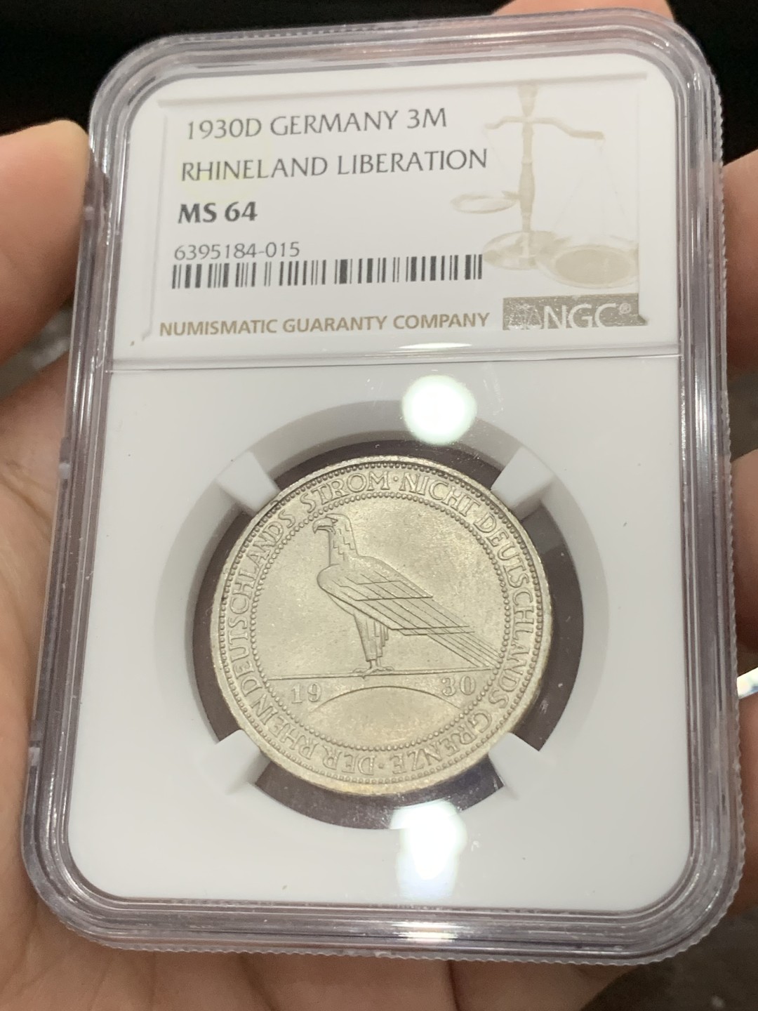 《竞宝斋》第80场-本周日，周一 2场连拍（全场不限金额包邮） NGC-MS64 德国魏玛共和国 1930-D年 鹰桥 3马克银币 顶级品相 少见品种