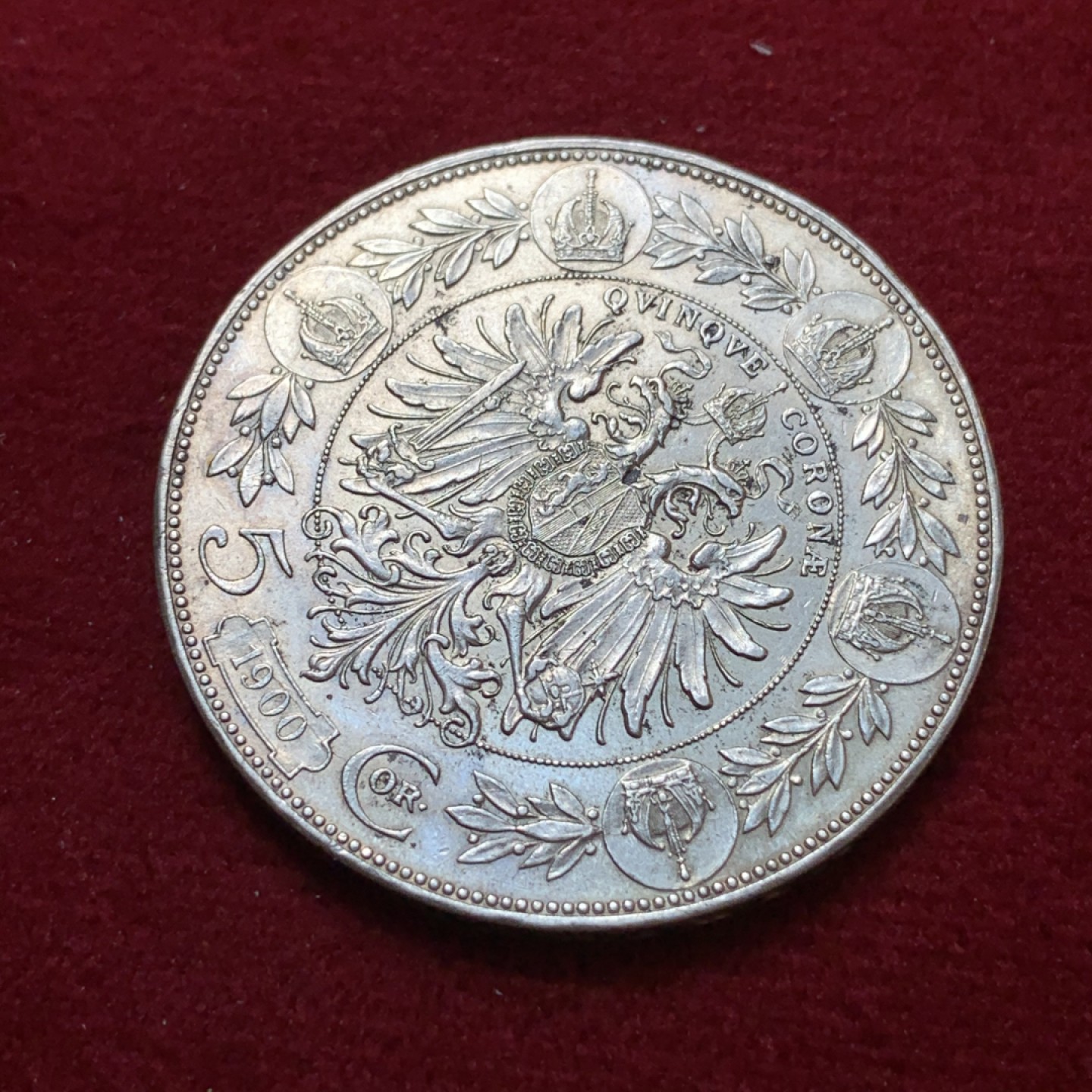 《竞宝斋》第80场-本周日，周一 2场连拍（全场不限金额包邮） 奥地利 1900年 双头鹰佛朗茨一世 5克朗 大银币 好品带光 暴涨的品种