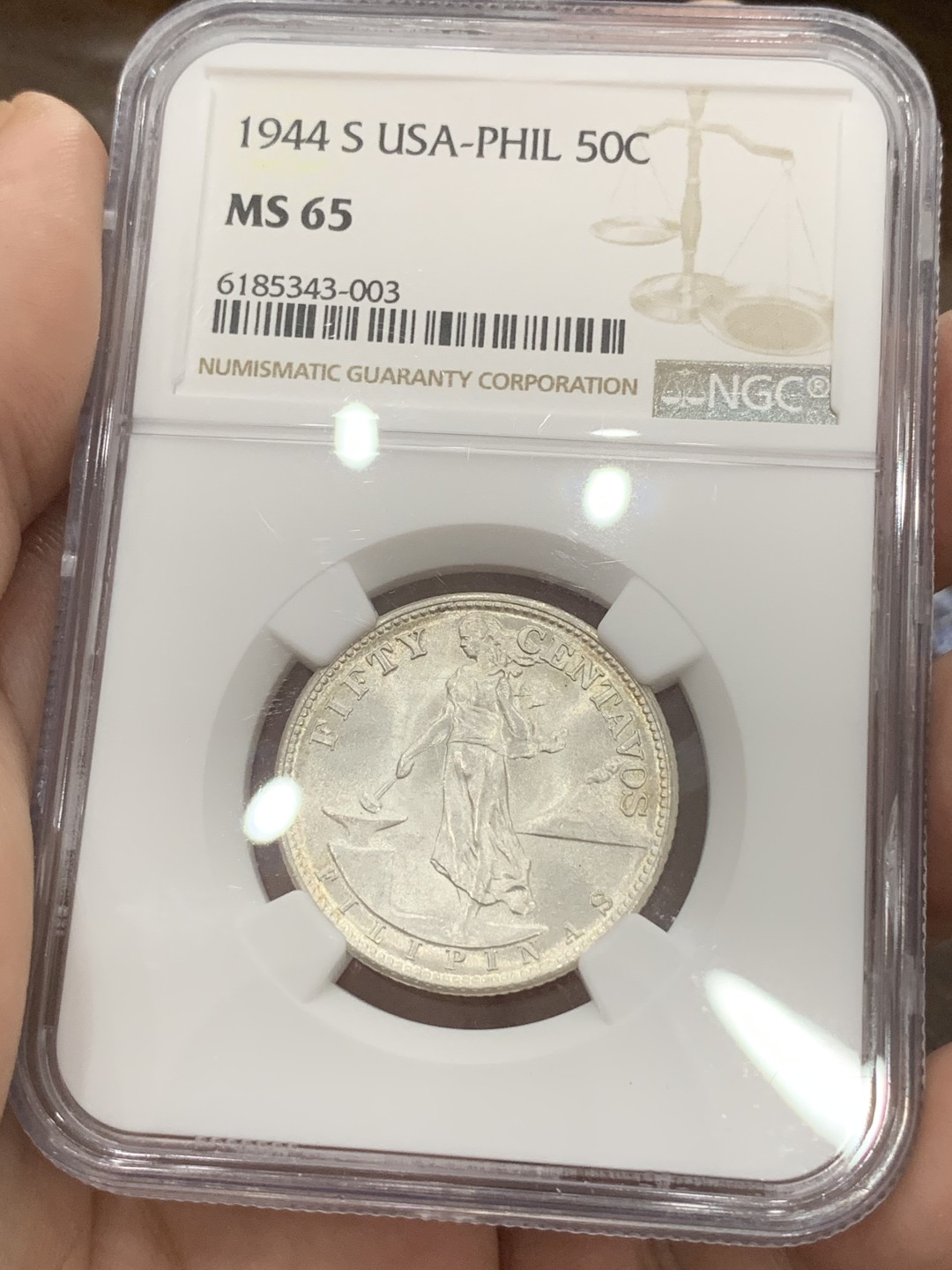 《竞宝斋》第80场-本周日，周一 2场连拍（全场不限金额包邮） NGC MS65 1944S 美属菲律宾50分打铁女神 满霜光