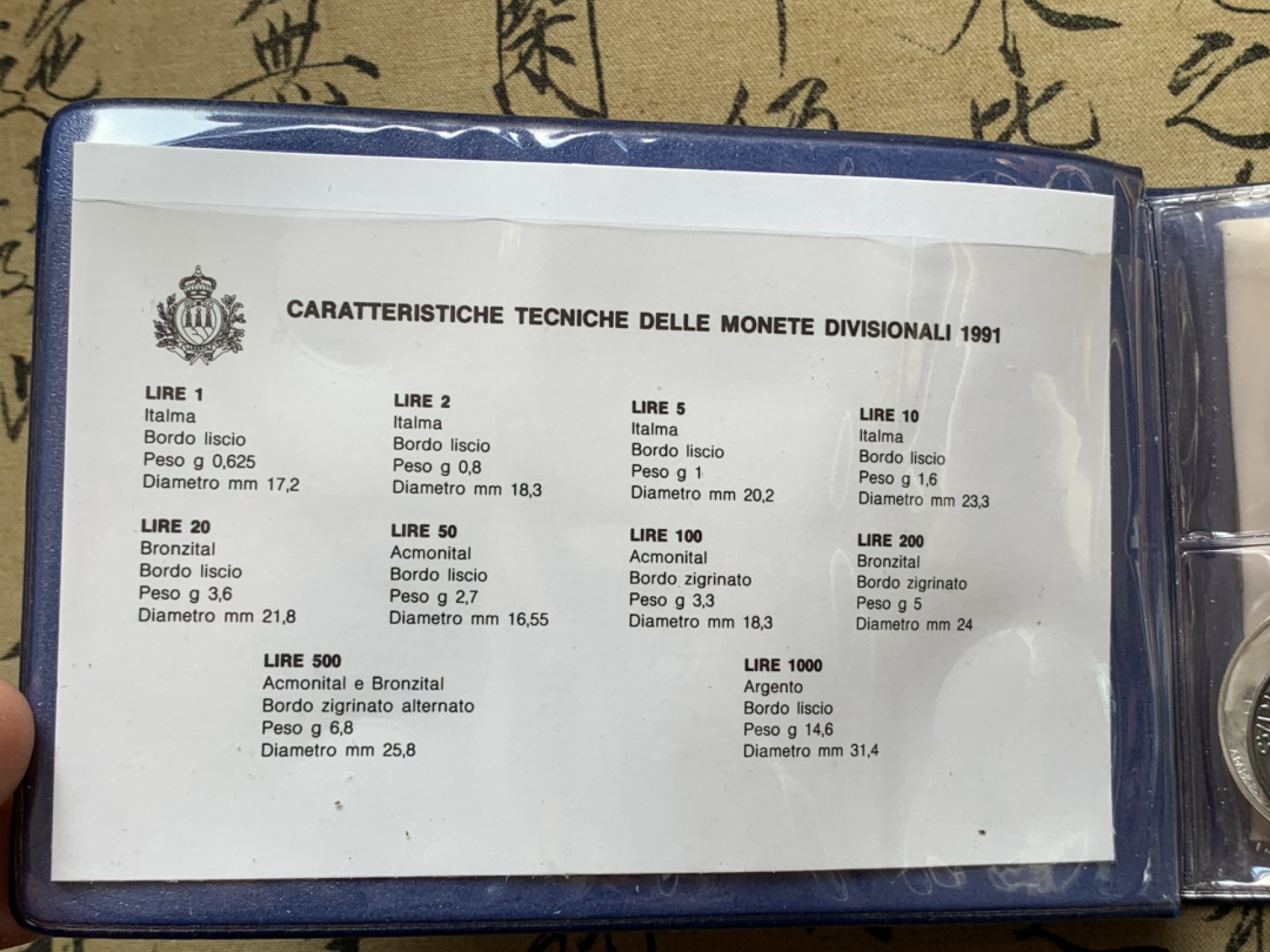 《竞宝斋》第80场-本周日，周一 2场连拍（全场不限金额包邮） 钱包装 圣马力诺 1991年 圣马力诺1991年 十枚装 和平鸽 1000里拉大银币一枚 完美状态