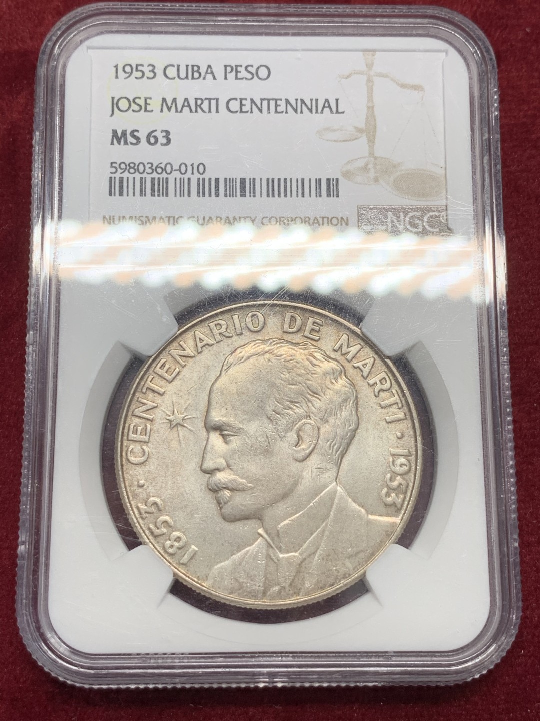 《竞宝斋》第80场-本周日，周一 2场连拍（全场不限金额包邮） NGC-63 古巴1953年何塞马蒂比索大银币 黄油包浆