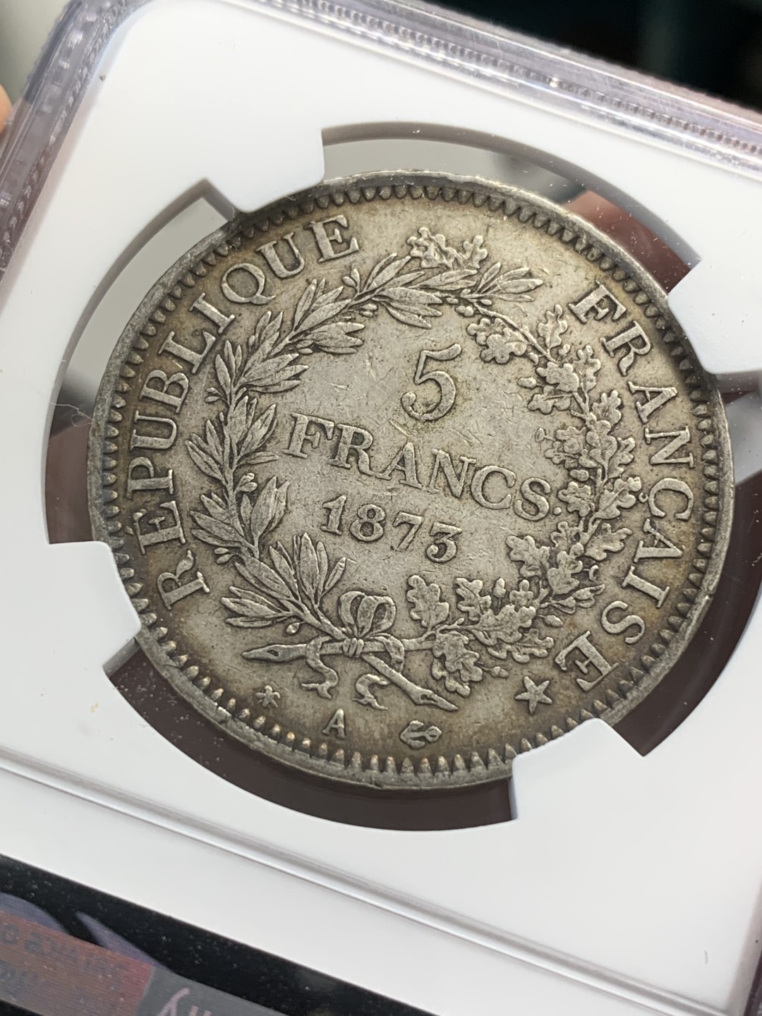 《竞宝斋》第80场-本周日，周一 2场连拍（全场不限金额包邮） NGC-XF45 法国 1873A年 大力神5法郎 大银币 老彩包浆很漂亮