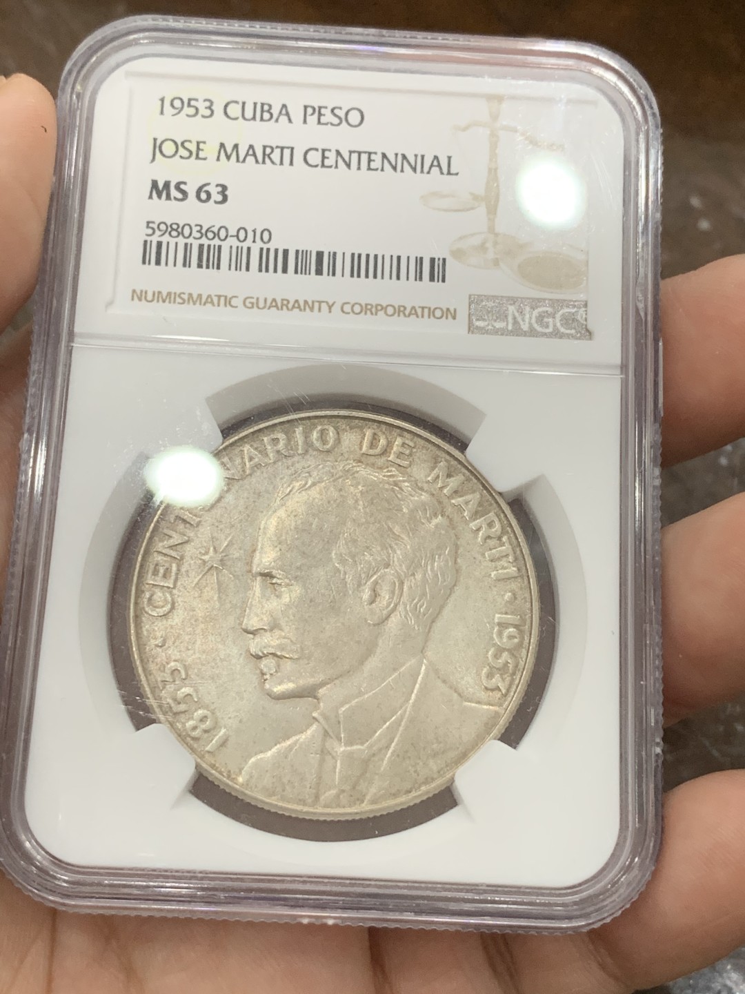 《竞宝斋》第80场-本周日，周一 2场连拍（全场不限金额包邮） NGC-63 古巴1953年何塞马蒂比索大银币 黄油包浆